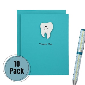 Paquet de 10 cartes de remerciement de couleur bleu sarcelle | Cartes de voeux faites main de dentiste | Dent avec le sourire | Choisissez les phrases à l'avant et à l'intérieur | Cadeau dentiste