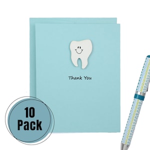 Lot de 10 cartes de vœux bleu pastel Merci | Cartes de voeux faites main de dentiste | Dent avec le sourire | Choisissez les phrases à l'avant et à l'intérieur