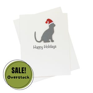 Lot de 10 cartes de vœux chat gris sur fond blanc | Ensemble de cartes de correspondance fait main Kitty pour les Fêtes | Bonnet de Noel scintillant pour animal de compagnie avec enveloppes