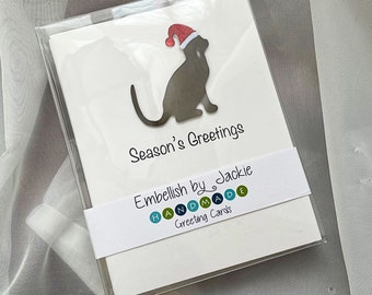 Cat Chocolate Brown Christmas Greeting Cards Pack of 10 | Santa Hat White Notecards | Discounted Overstock | Handmade Blank Envelopes | #6