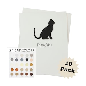 Katze Danke Grußkarten 10er Pack | Handgemachte Katzen Grußkarten | 25 Katzenfarben erhältlich | Wählen Innenphrase | Katzen Grußkarten Weiss