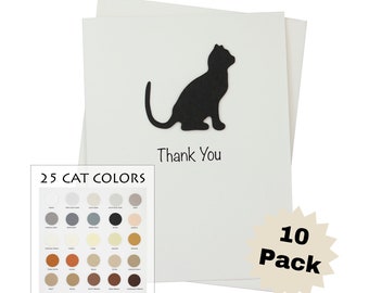 Cat Thank You Greeting Cards 10 Pack | Handmade Cat Greeting Cards | 25 Cat Colors Available | Choose Inside Phrase | Cat Notecards White