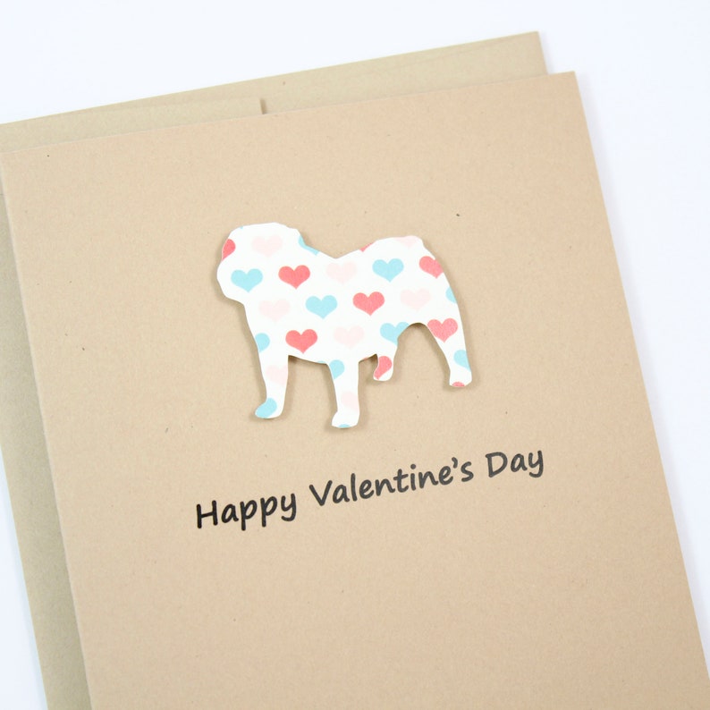 Dog Valentine Notecard Kraft Brown with Envelope Bulldog Valentines Card Colorful Heart Pattern Pet Valentines Day