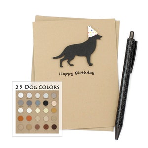 Carte d'anniversaire de berger allemand | Cartes de correspondance faites main de chien noir | 25 couleurs de chien | Choisissez l'expression intérieure | Chapeau de fête confettis | Brun kraft