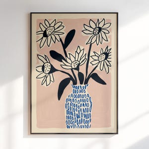 Póster de jarrón moderno con estampado floral, estampado de jarrón de rayas retro con flores dibujadas a mano, póster de ramo minimalista y moderno para decoración de sala de estar.