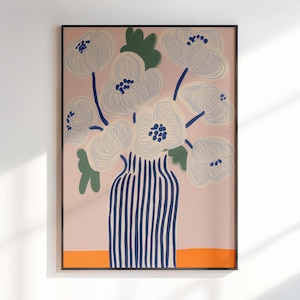 Póster de jarrón moderno con estampado floral, estampado de jarrón de rayas retro con flores dibujadas a mano, póster de ramo minimalista y moderno para decoración de sala de estar.