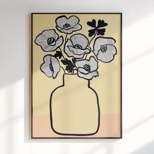 Póster de jarrón moderno con estampado floral, estampado de jarrón de rayas retro con flores dibujadas a mano, póster de ramo minimalista y moderno para decoración de sala de estar.
