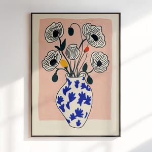 Póster de jarrón moderno con estampado floral, estampado de jarrón de rayas retro con flores dibujadas a mano, póster de ramo minimalista y moderno para decoración de sala de estar.