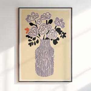 Póster de jarrón moderno con estampado floral, estampado de jarrón de rayas retro con flores dibujadas a mano, póster de ramo minimalista y moderno para decoración de sala de estar.