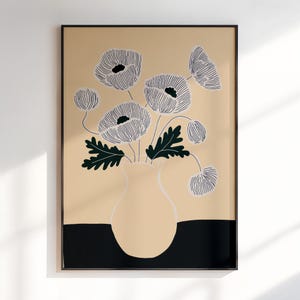Póster de jarrón moderno con estampado floral, estampado de jarrón de rayas retro con flores dibujadas a mano, póster de ramo minimalista y moderno para decoración de sala de estar.