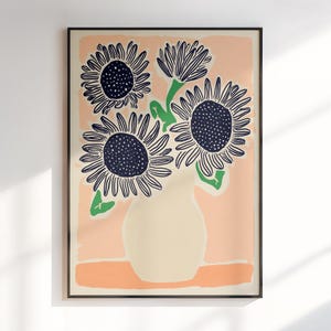 Póster de jarrón moderno con estampado floral, estampado de jarrón de rayas retro con flores dibujadas a mano, póster de ramo minimalista y moderno para decoración de sala de estar.