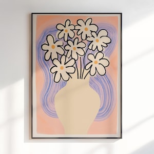 Póster de jarrón moderno con estampado floral, estampado de jarrón de rayas retro con flores dibujadas a mano, póster de ramo minimalista y moderno para decoración de sala de estar.