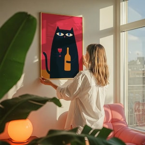 Bar Cart Decor Cat Poster Wine Print Retro Kitchen Decor Mid Century Modern Decor Trendy Wall Art Cheers Print Dining Room Print