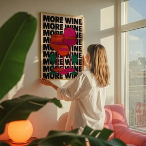 More Wine Poster 70s Wall Print Red Pink Wall Art Kitchen Wall Decor Summer House Poster Wine Print Art Retro  Print Trippy Wall Art