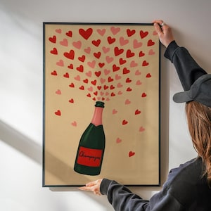 Champagne Poster 70s Wall Print Red Pink Wall Art Kitchen Wall Decor Summer House Poster Wine Print Art Retro  Print Trippy Wall Art