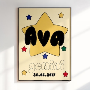 Arte de parede do zodíaco, presente para crianças, impressão personalizada do zodíaco, presentes de astrologia, arte infantil personalizada, arte de parede do zodíaco, download digital