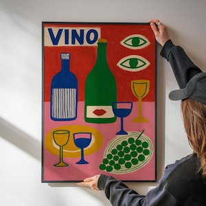 Vino Poster 70s Wall Print Red Pink Wall Art Kitchen Wall Decor Summer House Poster Wine Print Art Retro  Print Trippy Wall Art