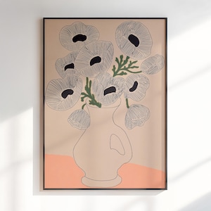 Póster de jarrón moderno con estampado floral, estampado de jarrón de rayas retro con flores dibujadas a mano, póster de ramo minimalista y moderno para decoración de sala de estar.