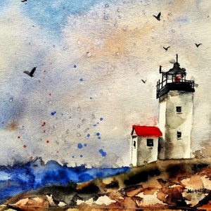 Pintura ORIGINAL Acuarela, Pintura de faro, acuarela de faro, Pinetreeart, ACUARELA, paisaje original, pintura, Maine