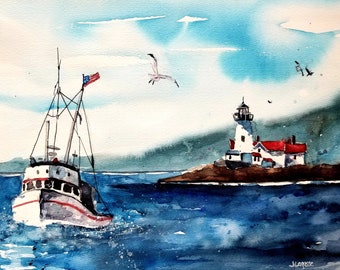 Lobster Boat watercolor print. seascape. Limited Print, jim lagasse, wall decor, Boats, wall art, watercolor print, Maine, Lobster boats