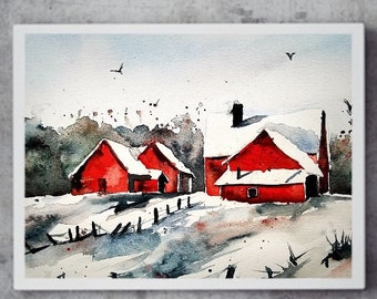 Original Watercolor Painting, Landscape, Jim Lagasse art, wall art, watercolor art painting, winter art prints, landscape painting, red barn