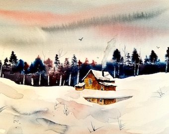 Original Watercolor Painting, Landscape, Jim Lagasse art, wall art, watercolor art painting, winter art prints, landscape painting, barn