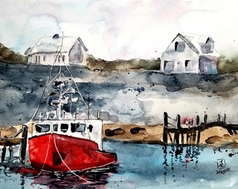 Hummer-Boot, Aquarellmalerei. Seelandschaft. Original-Gemälde, Jim Lagase, Wanddekoration, Boote, Aquarell, Maine