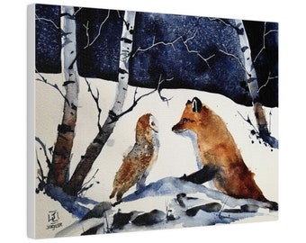 Matte Canvas, Stretched, 0.75", Fox and Owl from artist Jim Lagasse, original artwork, Canvas Art, 9" x 12"