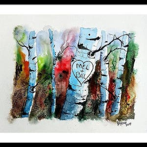 Watercolor Original Painting,Birch Tree Heart Custom your own initials, Mothers day,fathers day, wedding ,gifts,initials/birch tree art
