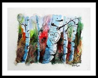 Watercolor Original Painting,Birch Tree Heart Custom your own initials, Mothers day,fathers day, wedding ,gifts,initials/birch tree art