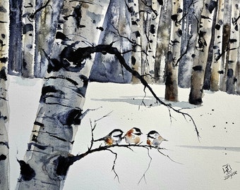 Chickadee Prints, animal prints, bird prints, animal art, wall art, birds, birch tree art, nursery art, bird art, Maine artist, Jim Lagasse