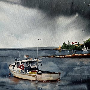 Aquarelprint/vuurtoren originele aquarel/originele print, kreeftenboot /LANDSCAPE print /Lighthouse prints/Maine Art/Jim Lagasse