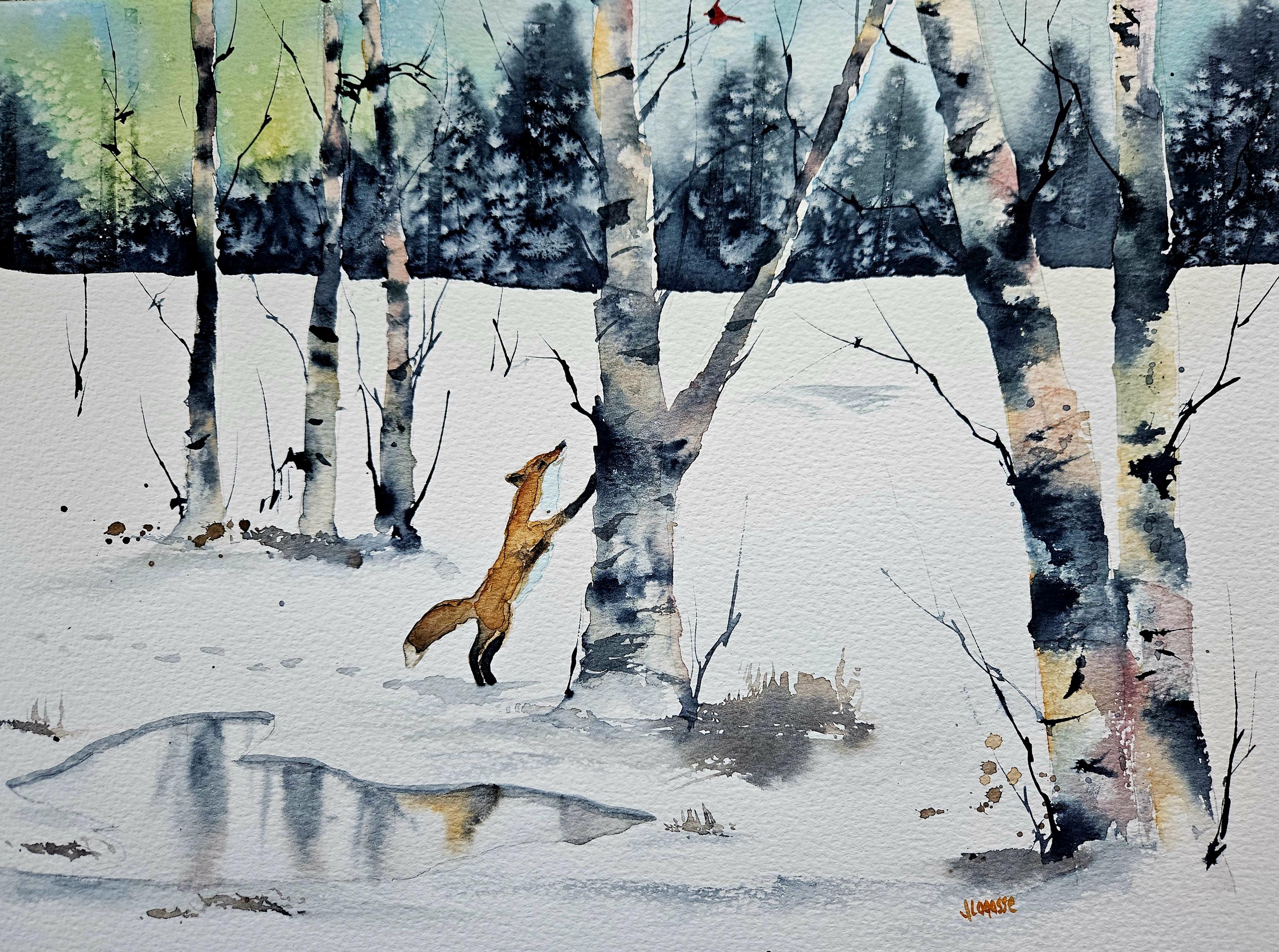 Winter Curiosity – Original Watercolor Fox and Cardinal Painting