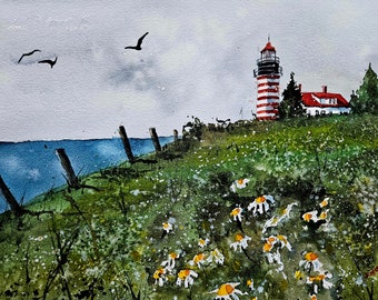 Lighthouse Painting, Original painting of a lighthouse, seascape painting, watercolor lighthouse, Maine artist, Quoddy Head painting Lagasse