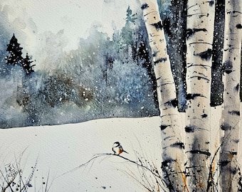 Pode incluir: Pintura em aquarela de uma paisagem de inverno com bétulas e um pequeno pássaro empoleirado em um galho. A cena apresenta um campo de neve, uma floresta ao fundo e uma paleta de cores suaves e suaves.