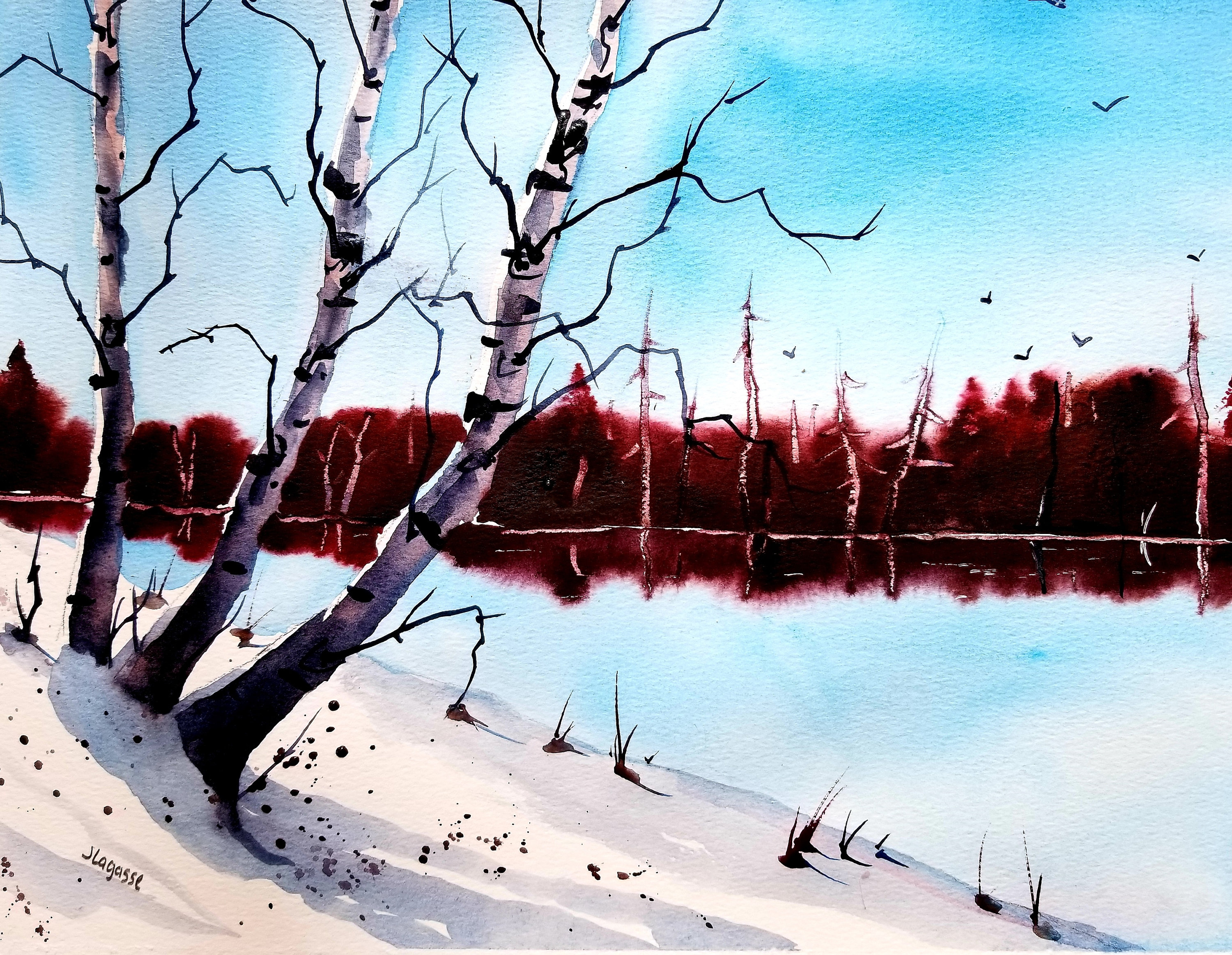 水彩画、オリジナル絵画、風景、白樺の木のアート、白樺の絵、冬の風景