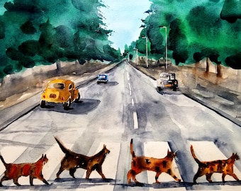Watercolor Print/Tabby Cat/Abbey Road/original prints/ Beatles/CAT Prints / Prints/Maine Art/Jim Lagasse/The Beatles