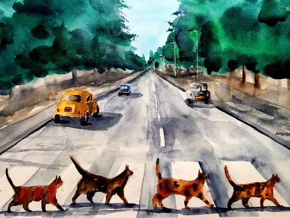 Watercolor Print/tabby Cat/abbey Road/original Prints/ Beatles/cat