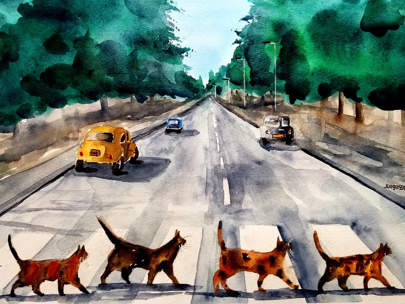 Watercolor Print/Tabby Cat/Abbey Road/original prints/ Beatles/CAT Prints / Prints/Maine Art/Jim Lagasse/The Beatles image 1