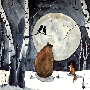 May include: A watercolor painting of a brown bear, a fox, and two black birds silhouetted against a full moon in a snowy birch forest.