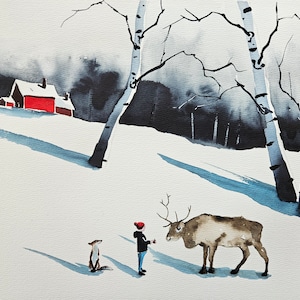 ACEO Print Aceo Limited Edition Art Card Watercolor Print Landscape Painting Collectible Art Miniature Art Unframed Art, reindeer