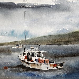 Lobster Boat watercolor painting. seascape. original painting, jim lagasse, wall decor, Boats, wall art, watercolor painting, Maine