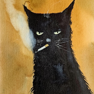 May include: Watercolor painting of a black cat with a cigarette in its mouth, set against a warm, golden-brown background. The cat has intense yellow eyes and a slightly grumpy expression. The artist's signature is in the bottom left corner.