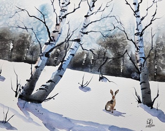 Rabbit Painting, Animal Art, children's room art, ORIGINAL, Hare , watercolor painting, original WATERCOLOR , Hare Painting Animal Art