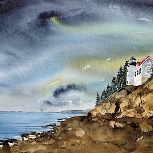 Leuchtturm Original Gemälde Aquarell, Leuchtturm Gemälde, Aquarell Leuchtturm, Pinetreeart, WASSERFARBE, Landschaft, Bass Hafen