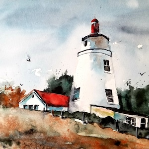 Pintura original de faro Acuarela, Pintura de faro, faro de acuarela, Pinetreeart, ACUARELA, paisaje, pintura, Maine