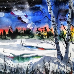Original Watercolour Painting by Jim Lagasse Silver Birch Trees Painting Original Snowy Landscape Watercolour Winter Trees Painting image 1