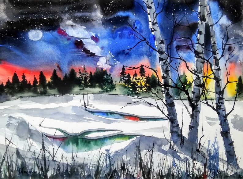 Original Watercolour Painting by Jim Lagasse Silver Birch Trees Painting Original Snowy Landscape Watercolour Winter Trees Painting image 1