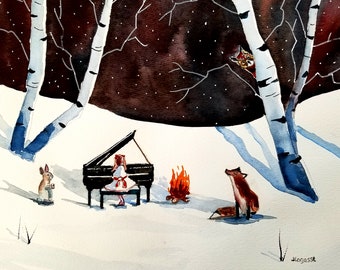 Piano Prints, Animal Art, children's room art, PRINT, Sheep, watercolor print, Nursery Art, Kids room art, animal prints, wall prints, FOX