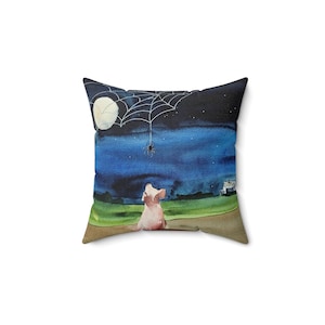 May include: A watercolor painting of a piglet looking up at a spider hanging from a web in the night sky. The moon is visible in the upper left corner of the image.